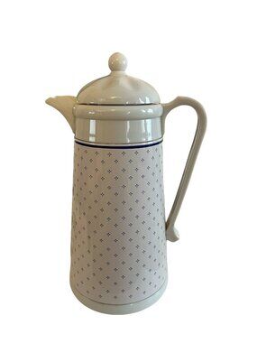 Vintage King Thermos Carafe 12” Blue Fleur De Lis Glass Lined Made in Taiwan